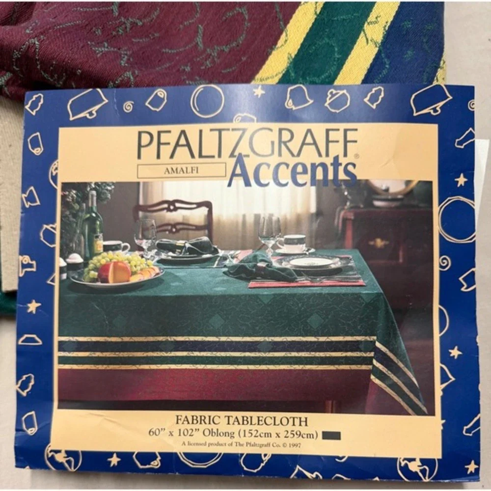 Pfaltzgraff Amalfi Fabric Tablecloth Hunter Green Burgundy Striped 60x102 Oblong